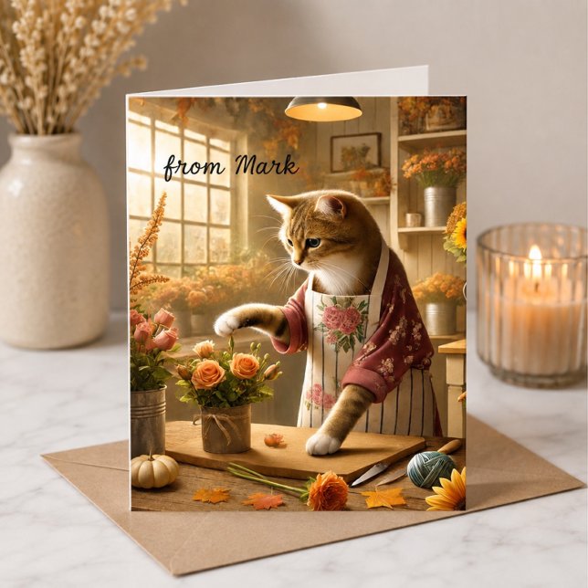 Cartão Gato de Outono com Flores – Saudação da Estação de (Criador carregado)