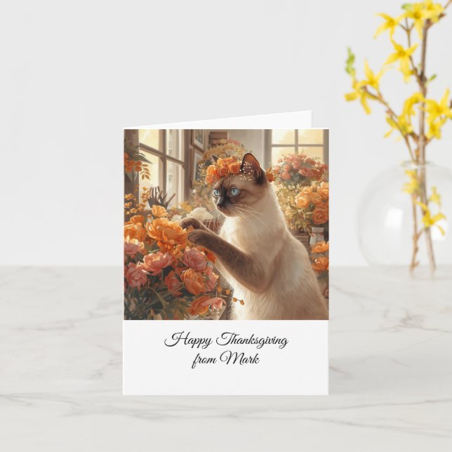 Cartão Gato de outono com Flores - Saudação de Fall Seaso (Flor Amarela)