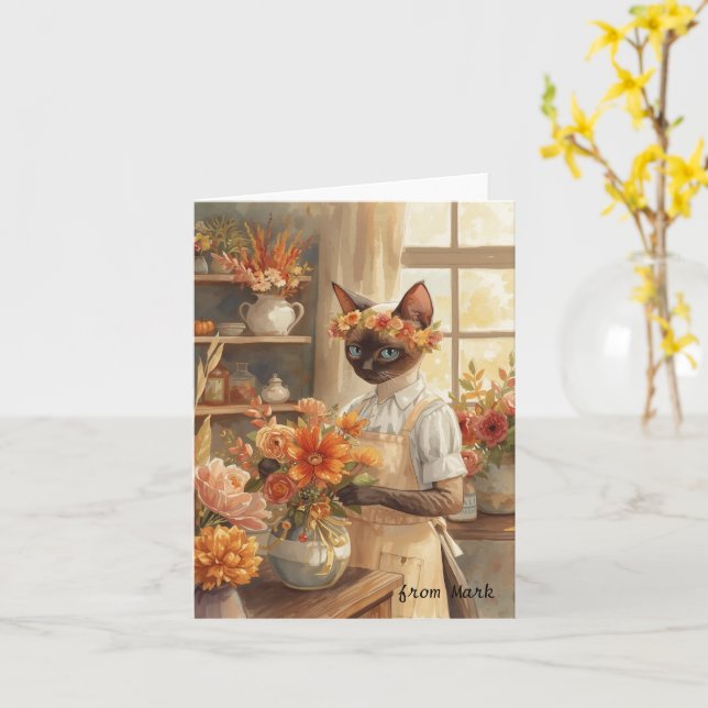 Cartão Gato de outono com Flores - Saudação de Fall Seaso (Flor Amarela)
