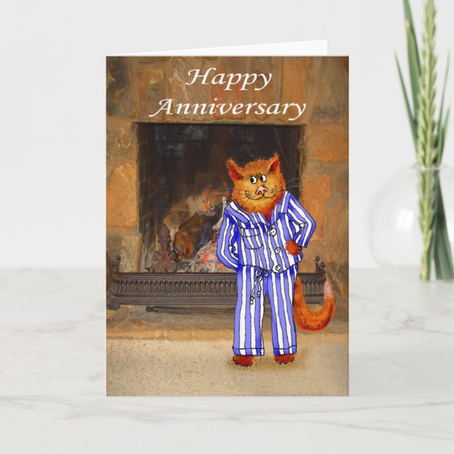 Cartão Gato de pijama, feliz aniversário (Frente)