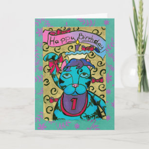 Cartão Gato de primeiro aniversario Feliz