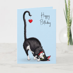 Cartão Gato de Smoking de Aniversário Com Coração Vermelh