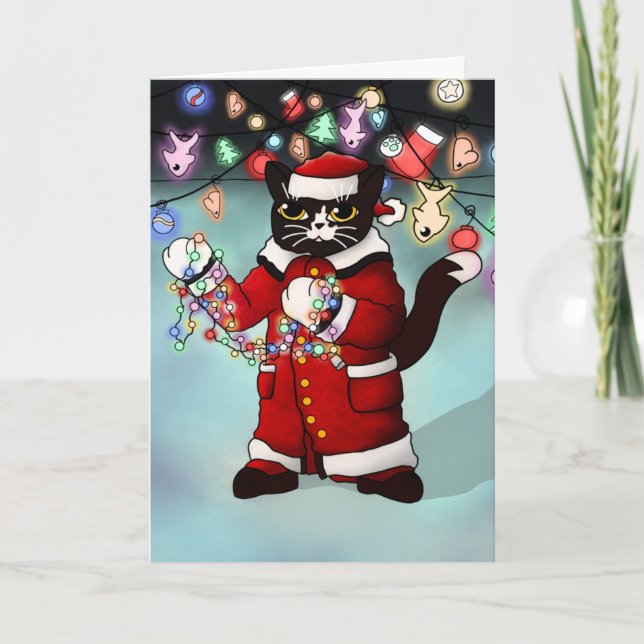 Cartão Gato de Tuxedo Bonito das Luzes de Natal (Frente)