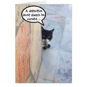 CARTÃO GATO DETETIVE ATRÁS DA PAREDE DE PEDRA