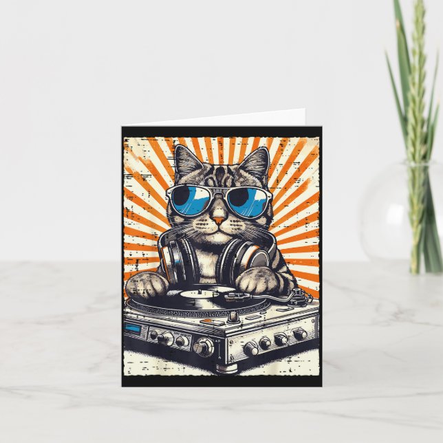 Cartão Gato Dj Fone de Ouvido Tocador de Vinil Música Vin (Frente)
