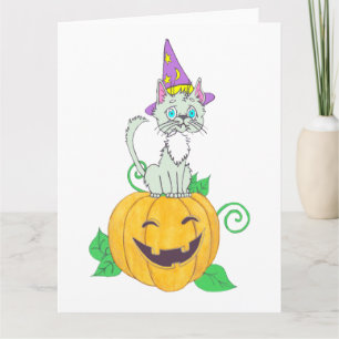 Cartão Gato do Feiticeiro do Halloween na Pumpkin