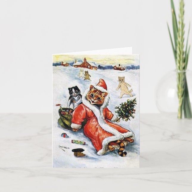 Cartão Gato do Papai Noel de Natal de Louis Wain (Frente)