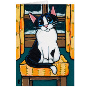 Cartão Gato do smoking na pintura nevado da janela