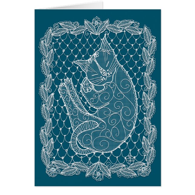 Cartão Gato Dormindo Doily (azul-oceano, vazio) (Frente)