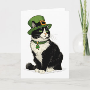Cartão Gato Duende do Dia de São Patrício Trevo Gato Gati