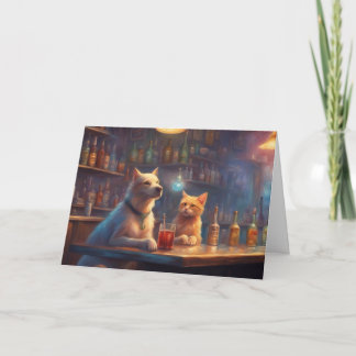 Cartão Gato e Cachorro em um bar falando coisas de aniver