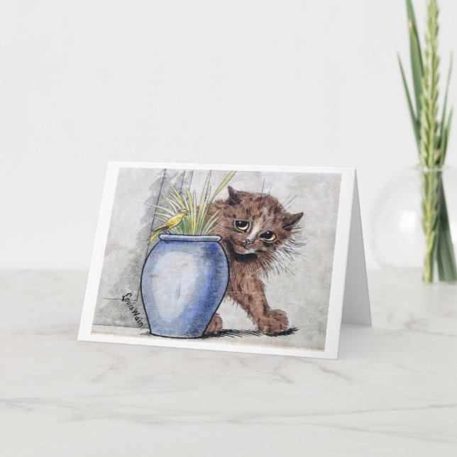 Cartão Gato e Pássaro Pequeno Amarelo, Louis Wain (Frente)
