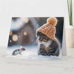Cartão Gato e rato adoráveis na neve juntos