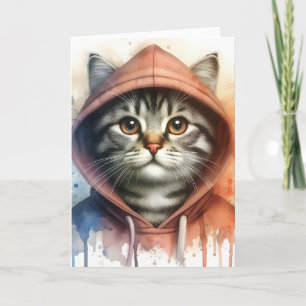 Cartão Gato em Aguarela com Capuz Colorido Arte Splash em