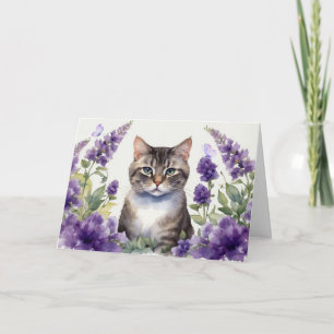 Cartão Gato em aquarela com flores de lavanda