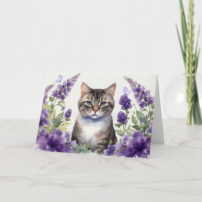 Cartão Gato em aquarela com flores de lavanda  (Frente)