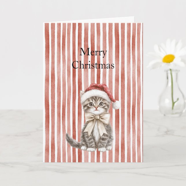 Cartão Gato em um chapéu Listras Vermelhas Natal  (Planta pequena)