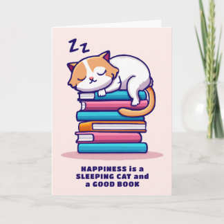 Cartão Gato em uma Pilha de Livros Fofa Personalizada Lit