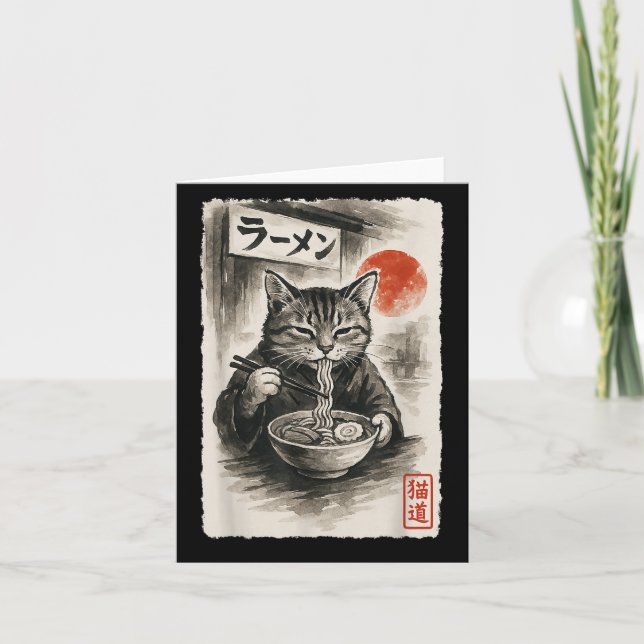 Cartão Gato Engraçado Comendo Macarrão Ramen Sumi-e Japon (Frente)