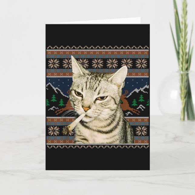 Cartão Gato Engraçado Fumando Meme Natal Suéter Feio Gato (Frente)