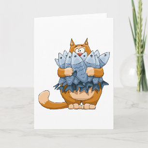 Cartão Gato Engraçado Segurando Peixe Cartoon Gatinho Fam