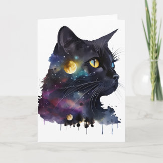 Cartão Gato Espacial Preto Bonito de Aquarela Cósmica