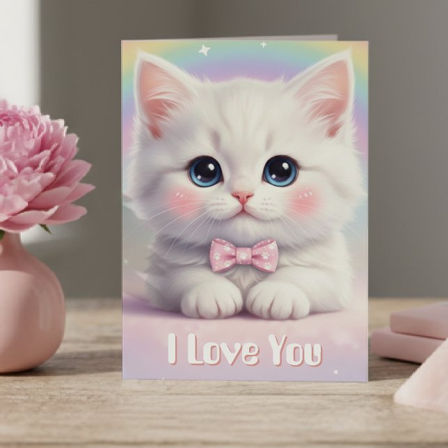 Cartão Gato Eu Amo Você Fofo Aniversário Dia dos Namorado (Cat I Love You Cute Kitten Rainbow Valentine's Day Card
)
