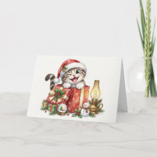 Cartão Gato Feliz Natal com Presentes Natal