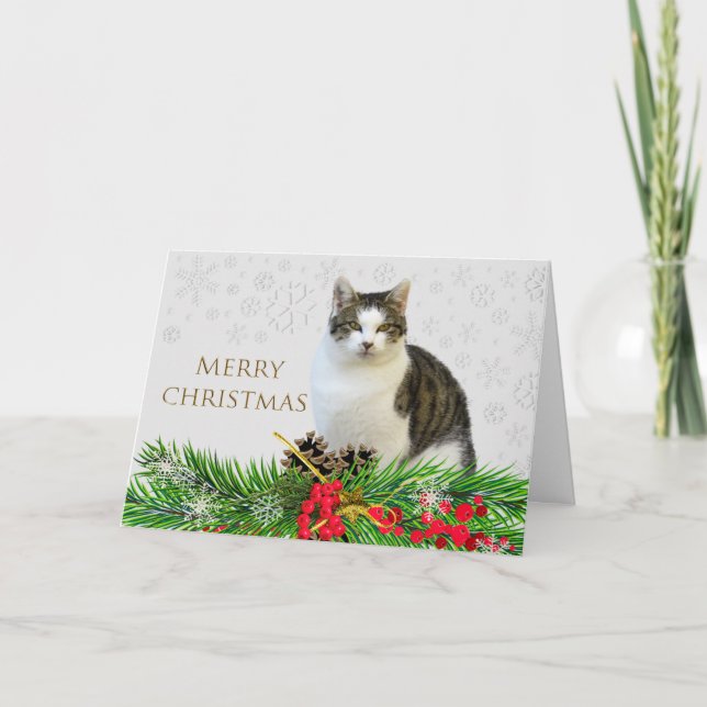 Cartão Gato Feliz Natal com Verde Feriado  (Frente)
