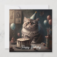 Gato fofo bonito com bolo de aniversário e balões