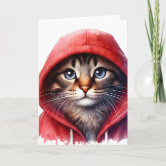 Cartão Gato Fofo com Capuz Vermelho Aquarela Saudação