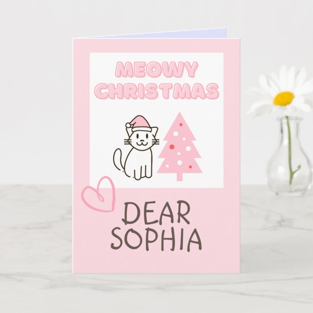 Cartão Gato Fofo com Chapéu de Papai Noel e Árvore Meowy  (Planta pequena)