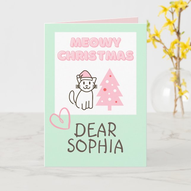 Cartão Gato Fofo com Chapéu de Papai Noel e Árvore Meowy  (Flor Amarela)