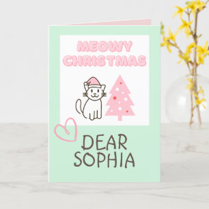 Cartão Gato Fofo com Chapéu de Papai Noel e Árvore Meowy