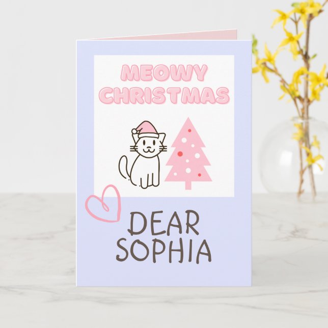 Cartão Gato Fofo com Chapéu de Papai Noel e Árvore Meowy  (Flor Amarela)