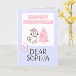 Cartão Gato Fofo com Chapéu de Papai Noel e Árvore Meowy