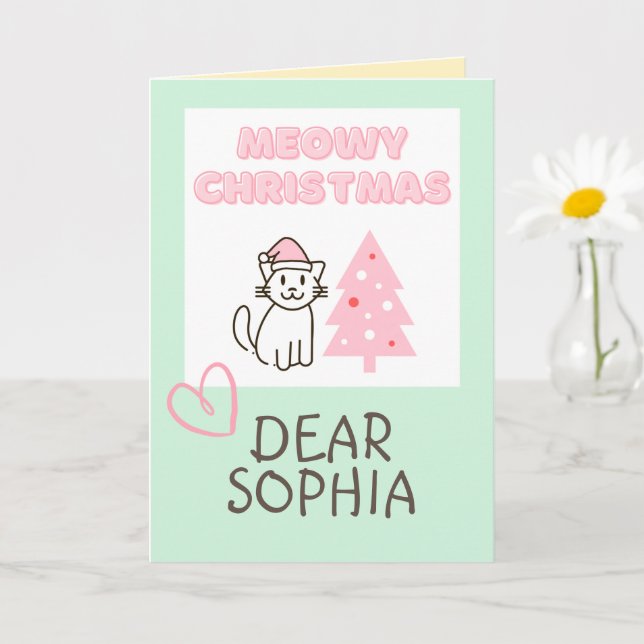Cartão Gato Fofo de Chapéu de Papai Noel & Árvore Meowy N (Planta pequena)