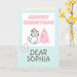 Cartão Gato Fofo de Chapéu de Papai Noel e Árvore Meowy N