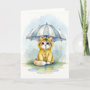 Cartão Gato Fofo de Impermeável com Guarda-chuva Aquarela