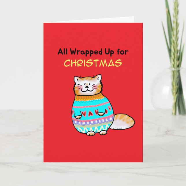Cartão Gato Fofo em Suéter de Natal (Frente)