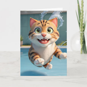 Cartão Gato Fofo Voando Nadando Pulando Piscina Cômico Br