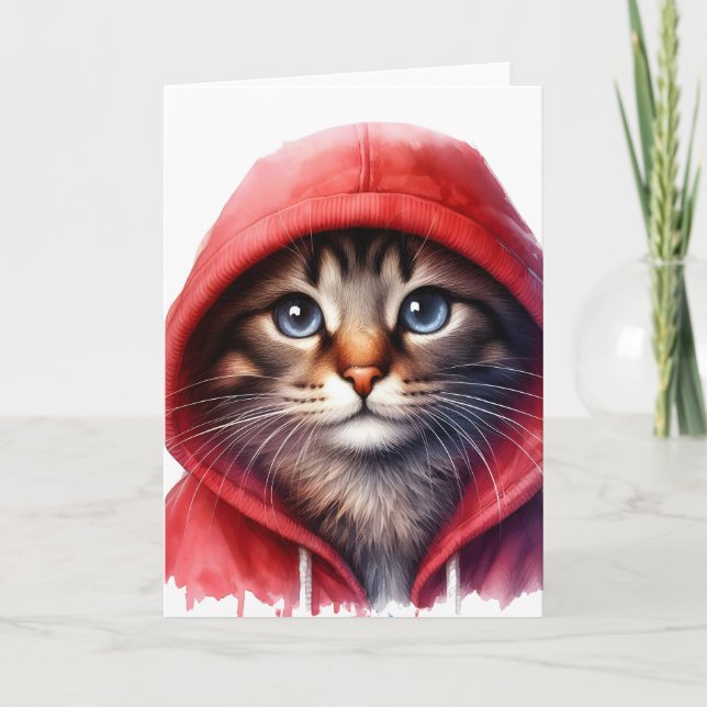 Cartão Gato Gato Gato-Gato de Hoodie Vermelho Saudação po (Frente)