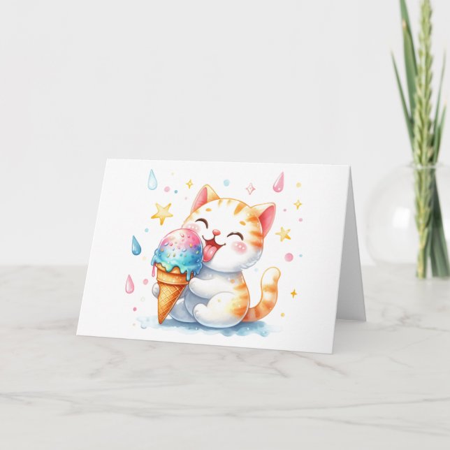 Cartão Gato Gato Giro com Vazio de Aquarela com Sorvete (Frente)