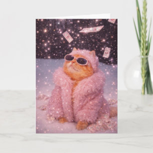 Cartão Gato Glam Money com Casaco de Pelúcia Rosa e Óculo