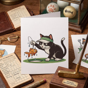 Cartão Gato Golfista Engraçado Pescando Obstáculo de Água