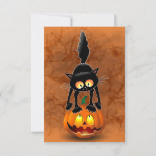 Cartão Gato Halloween Caricatura Assustada na Pumpkin