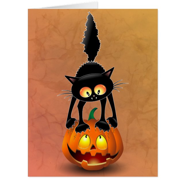 Cartão Gato Halloween Caricatura Assustada na Pumpkin (Frente)