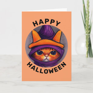 Cartão Gato Laranja com Chapéu de Bruxa Roxo Feliz Hallow