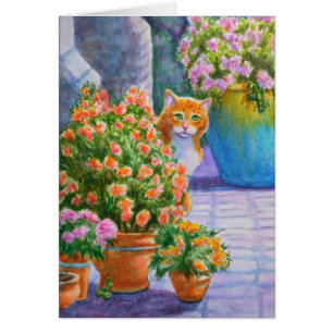 Cartão Gato Laranja com Potes Flores