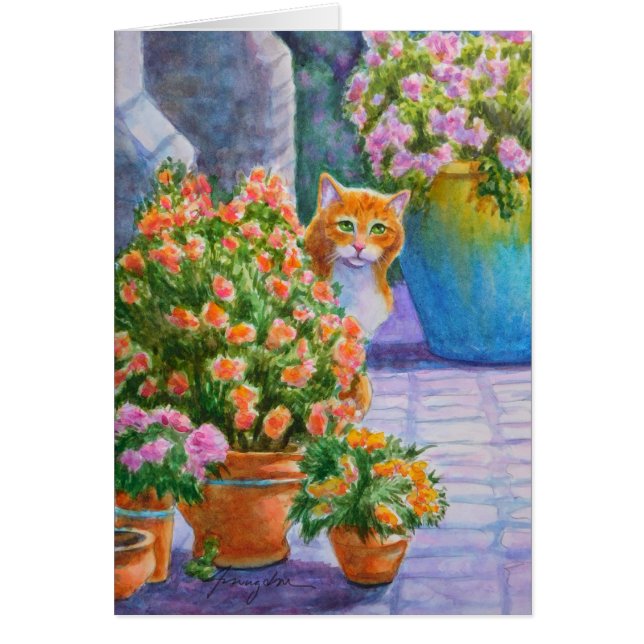 Cartão Gato Laranja com Potes Flores (Frente)